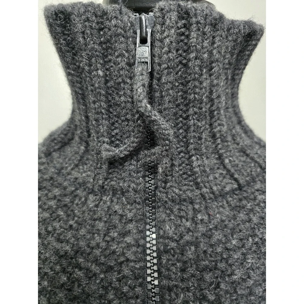 Charcoal Grey Chunky Knit Full Zip Cardigan Sweater High Neck Ribbed Trim S